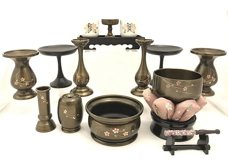 オリジナル仏具セット上ダルマ型桜彫金　3.5寸